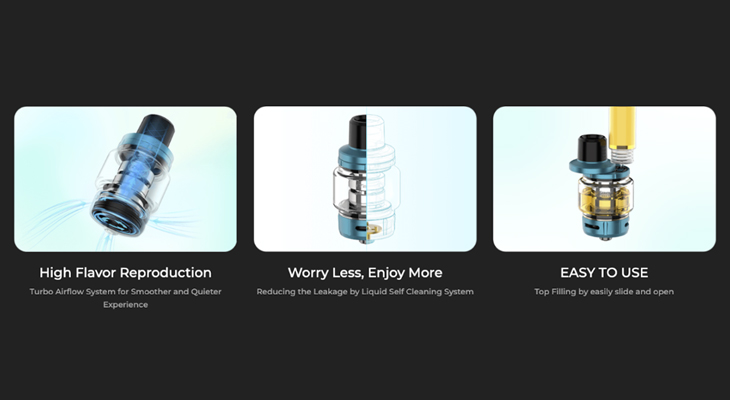 Three Vaporesso iTank highlighting its features including top-fill design.