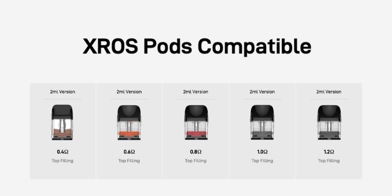 Vaporesso XROS 4 vape kit XROS compatible pods: 0.4 Ohm, 0.6 Ohm, 0.8 Ohm, 1.0 Ohm & 1.2 Ohm pods for MTL & RDTL vaping