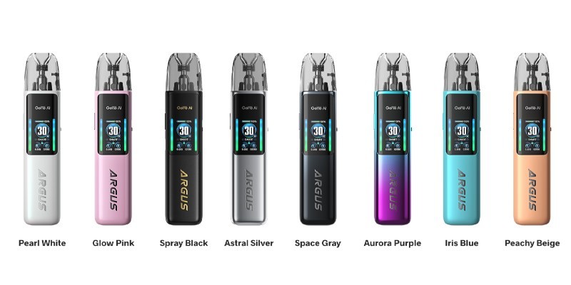 VooPoo Argus G2 vape kit colours: Pearl White, Glow Pink, Astral Silver, Space Grey