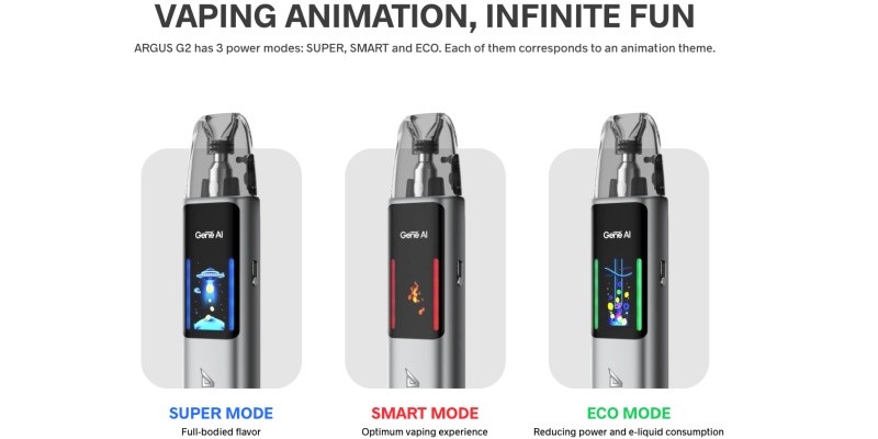 VooPoo Argus G2 customizable modes: Super Mode, Eco Mode & Smart Mode