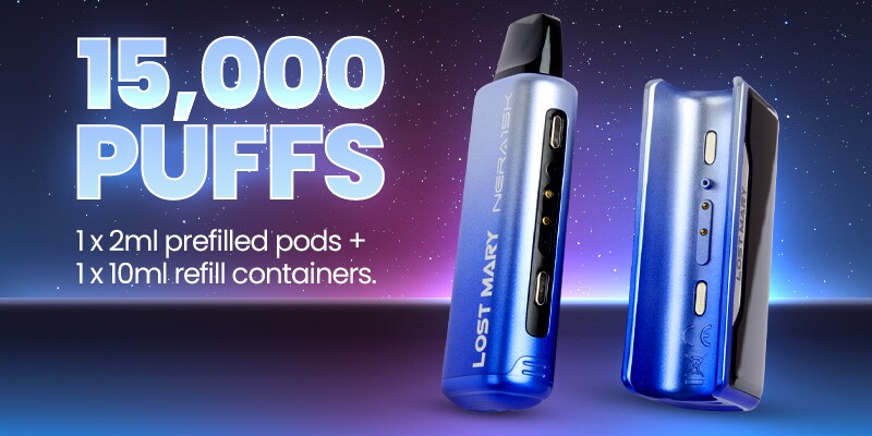 Lost Mary Nera15K Refill Pack Specs, Prefilled 2ml Pod and 10ml Refill Container, Up To 15,000 Puffs